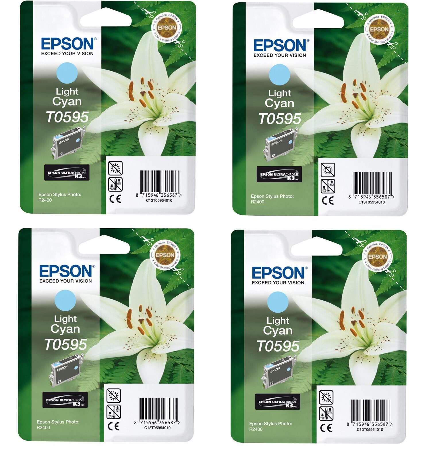 4  X  Genuine Epson T0595 Light Cyan ink cartridge Stylus Photo R2400