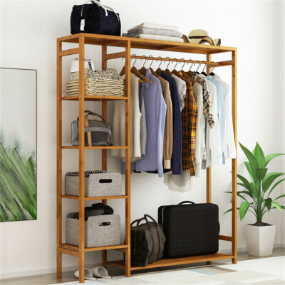 Heavy Bamboo Open Wardrobe Closet Garment Rack Clothing Hanging Organizer Shelve
