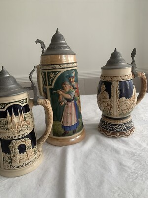 Vintage Set BAVARIAN  Hand painted CERAMIC BEER PITCHER & 2 STEINS W/ Lids Tyrol