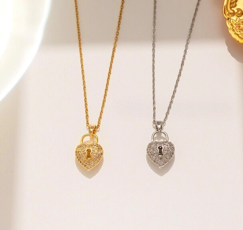 Titanium Silver/Gold Love Heart Lock Pave CZ Pendant Chain