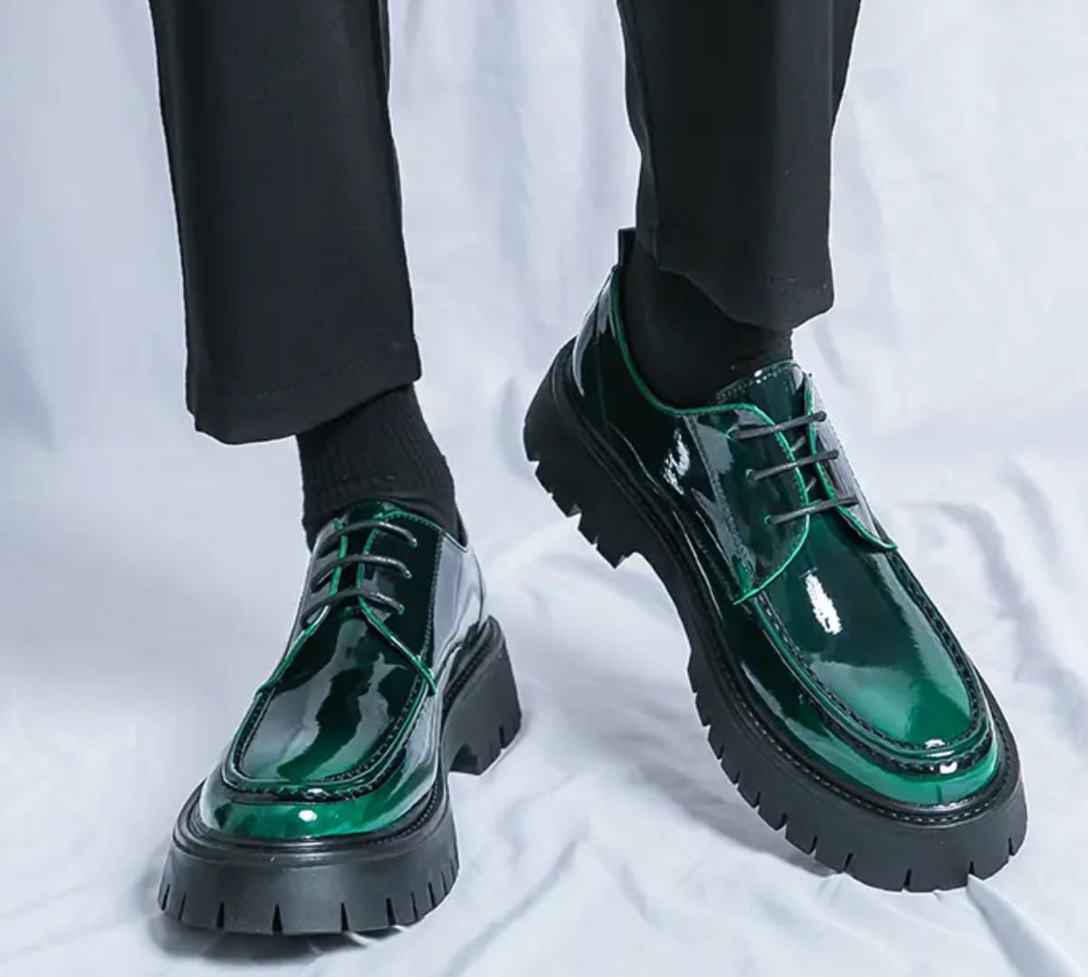 Loafers Mens Round Toe Patent Lace Up Dress Fashion Platform British Shiny Shoes-image