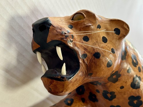 LARGE 24” Leather Wrapped Vintage Leopard Statue-Mid Century Safari Jungle Decor - Picture 20 of 23