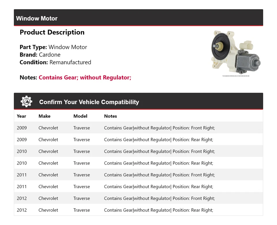 Chevrolet Traverse 2009-2012 ventana motor cardone 2010 2011 Foto 2 de 4