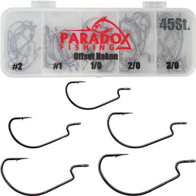Paradox Fishing Offset Haken Set 45 Stück I je 9x #2 #1 1/0 2/0 3/0 Offsethaken