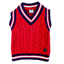Janie and Jack Red Cable Knit Vest V-Neck Blue Stripe Trim 3-6mos Boy's Baby