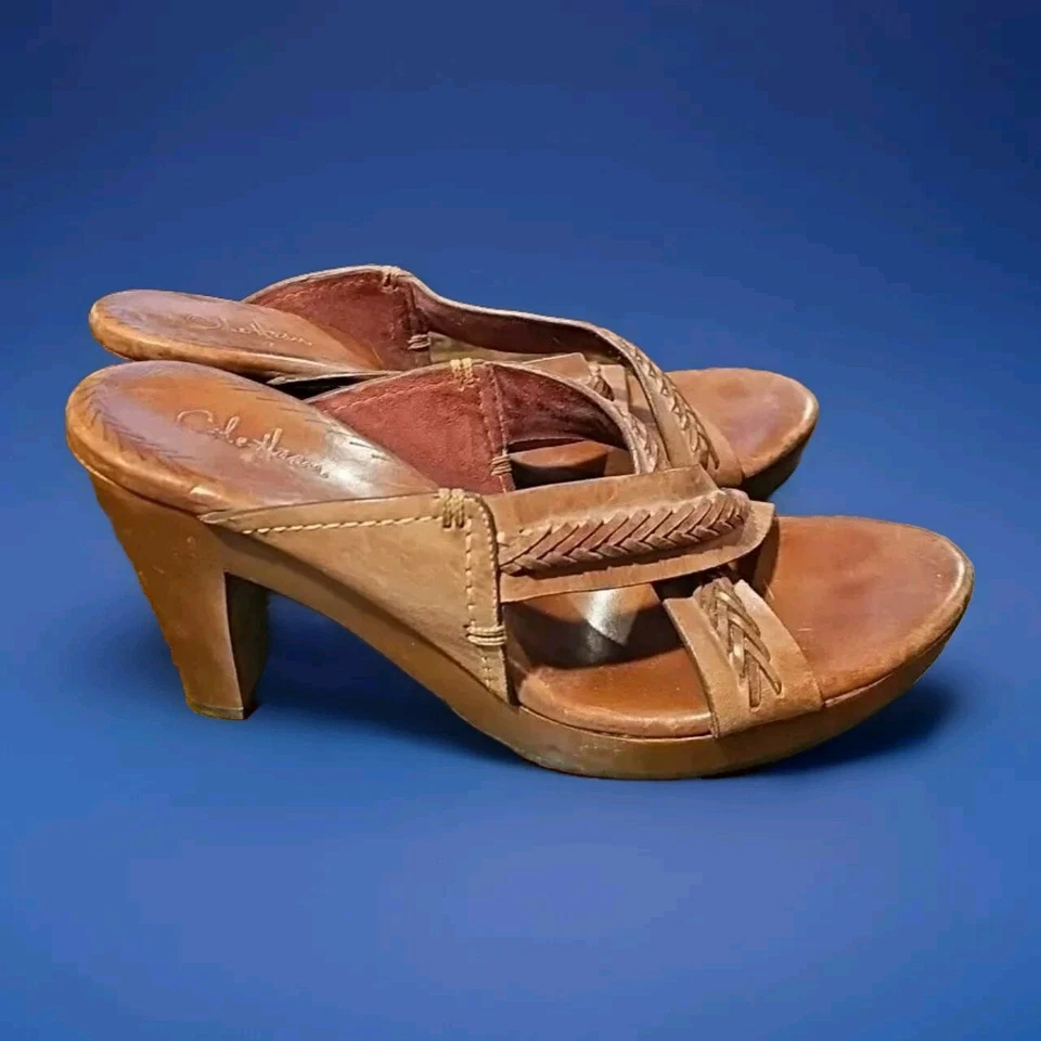 Cole Haan Plataforma Madera Mules Sandalias Tacones Años 70 Mujer 8.5 D Cuero Marrón 22y Foto 4 de 4