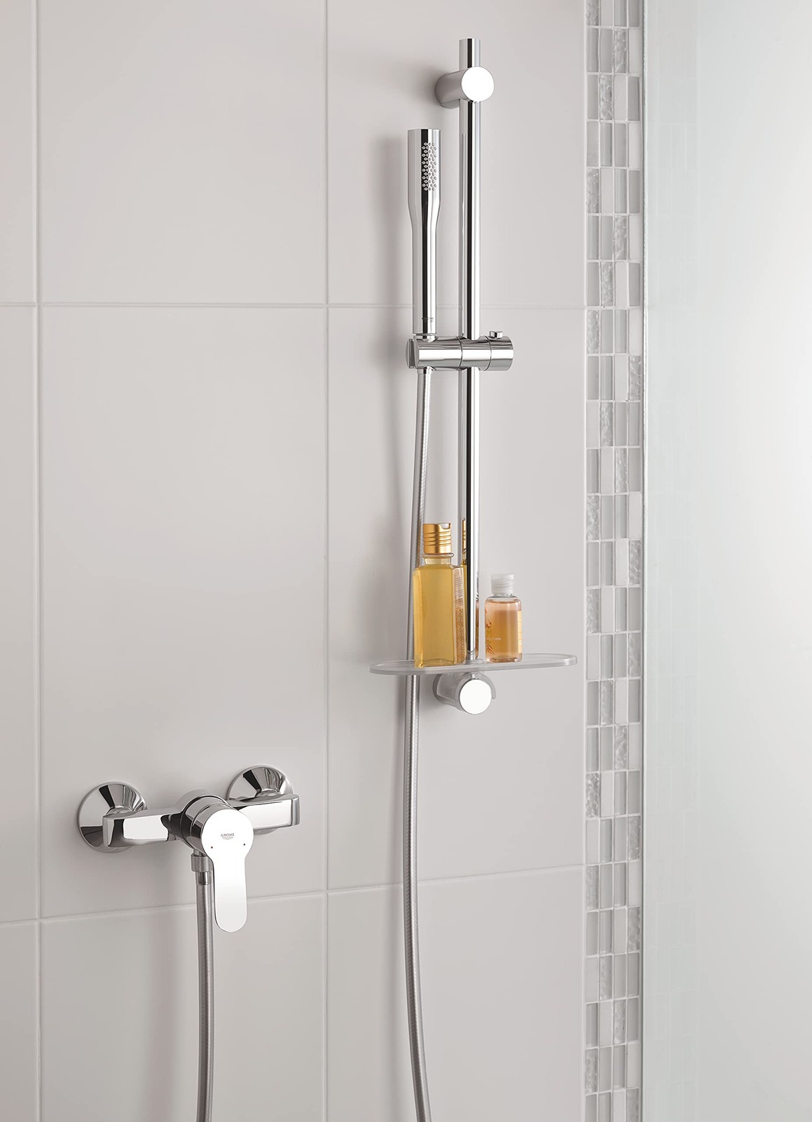 Pommeau de douche 1 jet Get Stick : douchette blanche chromée standard