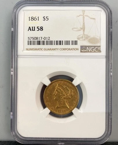 1861 P US $5 Gold Liberty Coin NGC AU58 .24187AGW scarce civil war date L23945