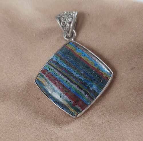 Sterling Silver Chunky Rainbow Calsilica Pendant, Chain Not Included