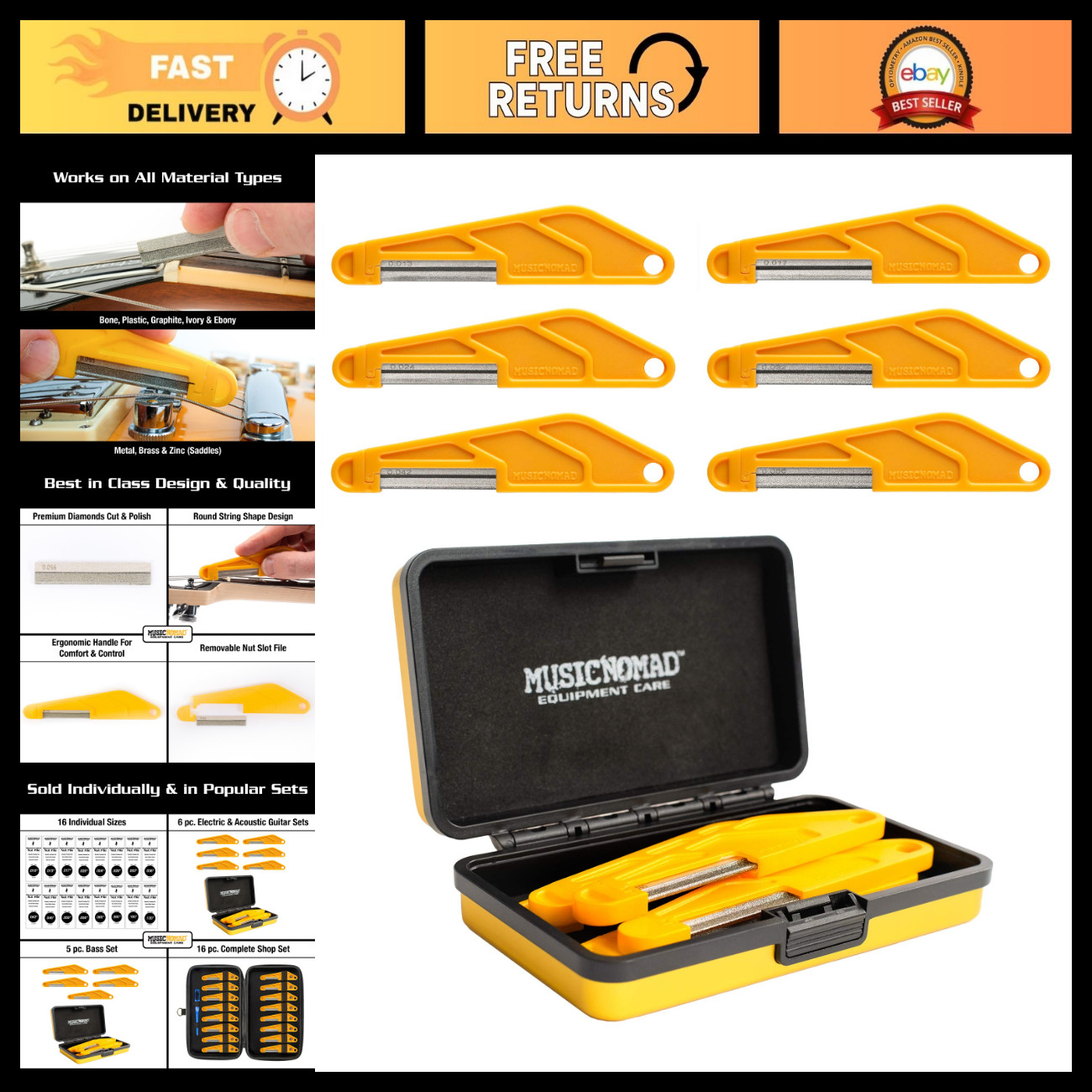 Acoustic Guitar Nut File Set - 6 Piece Diamond Tools for Precision Setup & Repai