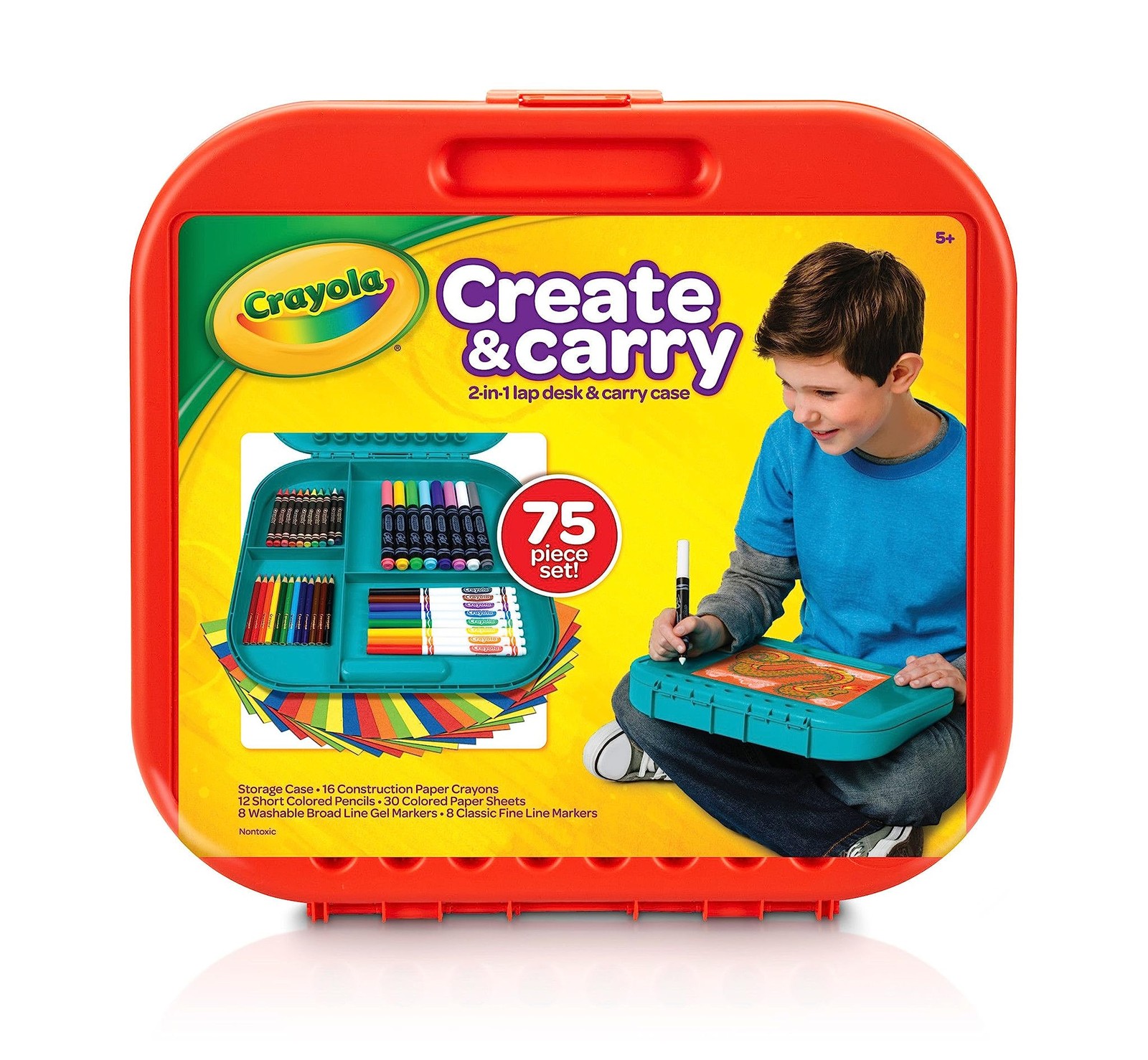 Crayola Create 'N Carry Travel Art Set for Kids (75pcs), 2-in-1 Lap Desk & Carry