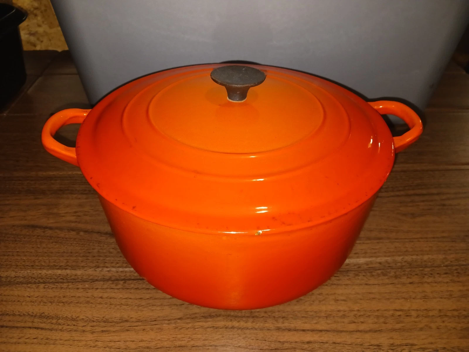 Vintage Le Creuset "E" Orange Cast Iron Enamel Dutch Oven With Lid
