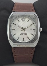 Working Versace 'Quartz' Silver Dial with Date Men's Wristwatch Leather Band