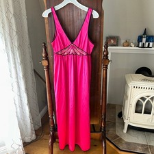 Vintage LORRAINE Satin Fuchsia PINK Nylon NIGHTGOWN long size small embroidered
