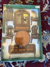 Vintage Wooden Dollhouse Dining Room Furniture Set – Table Chairs Cabinet Etc