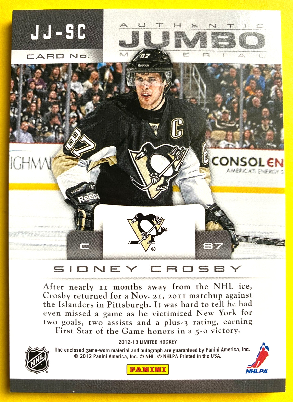 2012-13 Panini Limited #SC Sidney Crosby Jumbo Materials Jersey Autograph #19/25