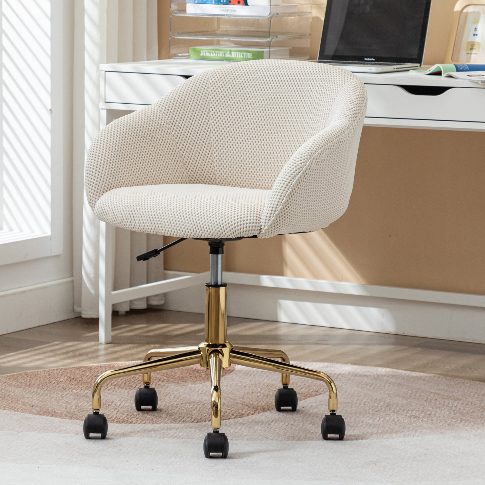 Beige Mesh Office Chair with 360° Swivel and Elegant Gold Base