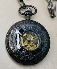 NWT Pocket Watch Blk Metal Skeleton Dbl-Sided With Chain - Wind Up Glow In Dark