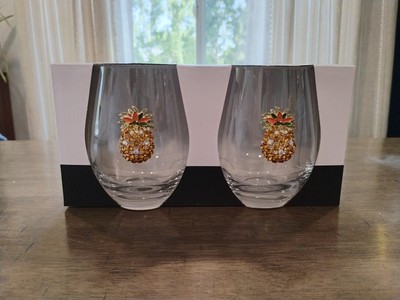 Set of 2 Rachel Zoe Rhinestone Pineapple Stemless Wine Glass Gold Bling Tropical