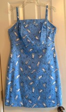 Whimsical White Gloves Print Blue Artsy Unique Retro Women's Dress, Size 10