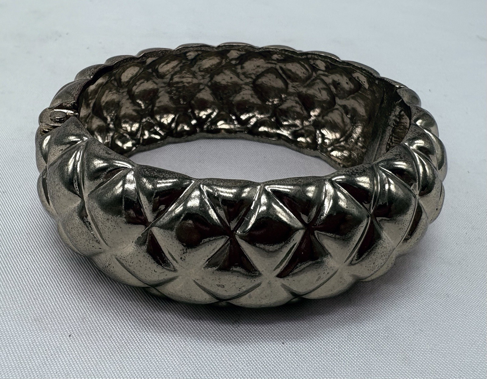 Hinged Silver Tone Cuff Bangle Bracelet Quilted W… - image 1