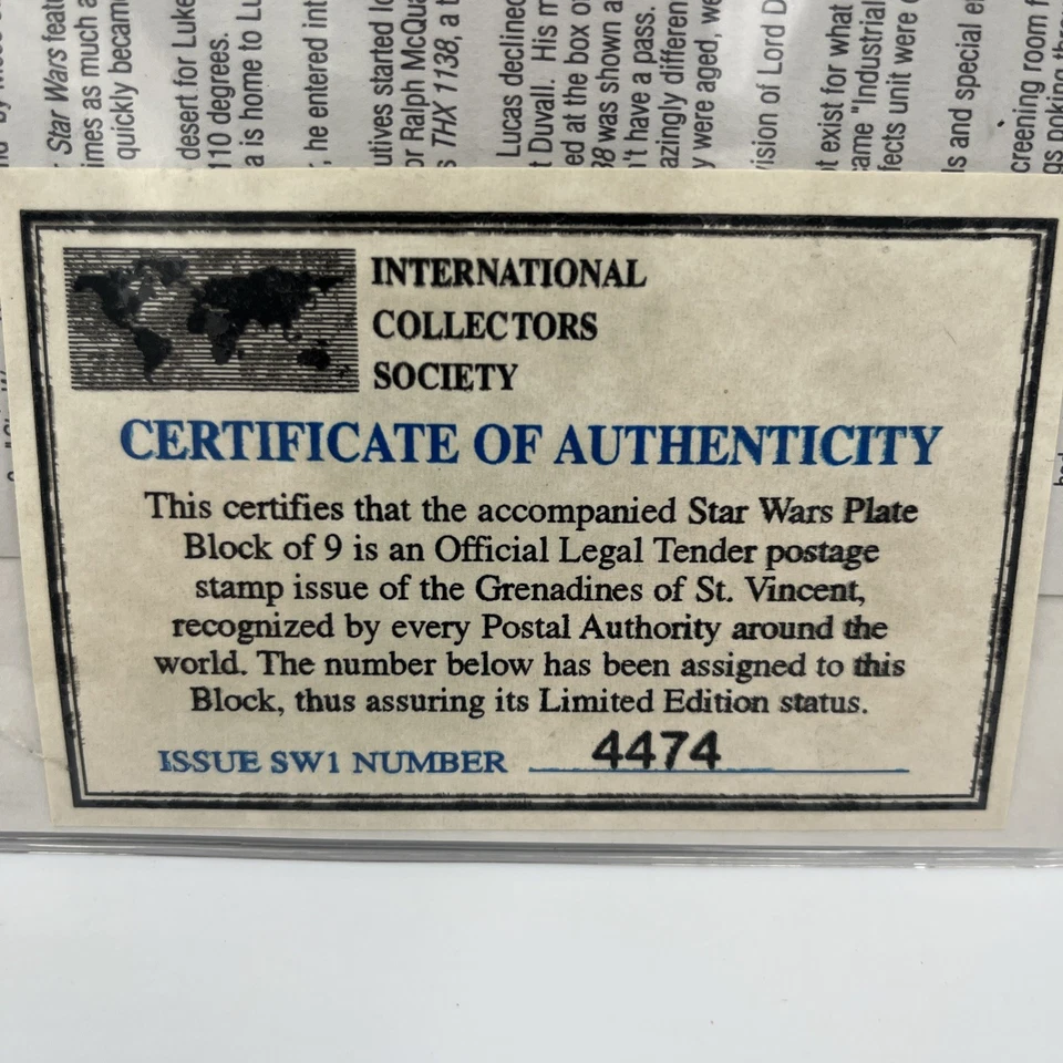 San Vicente - Plata Star Wars Conmemorando la Trilogía - Hoja de 9 Estampillas Certificado de Autenticidad Foto 4 de 4