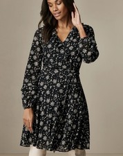 Wallis Dress Size 10 Black & White Floral Print Belted Ruffles Fabulous VGC