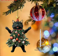 Christmas Black Cat Christmas Tree Acrylic 2D Ornament Keychain Gift CRS-19