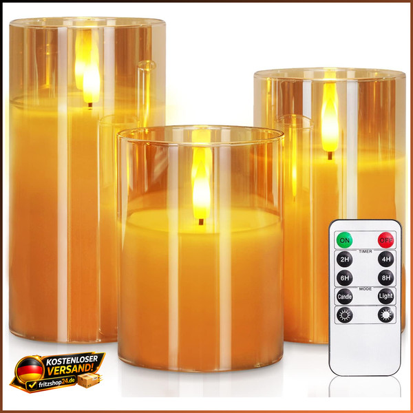 Flammenlose Kerzen LED Gold 3Er-Set Batteriebetrieben Mit Fernbedienung-image