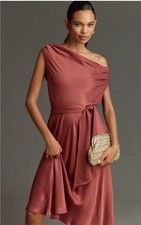 Maeve  Anthropologie Asymmetrical Tie-Waist Satin Midi Dress Sz:MP NWT Pink/Rose