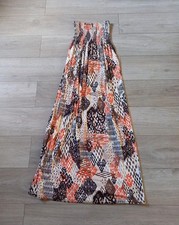 Cream & Brown Ethnic Print Maxi Dress Strapless Holiday Beach Party UK8