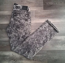 True Religion Geno Relaxed Slim Acid Wash Denim Jeans Black Grey Mens Size 30x34