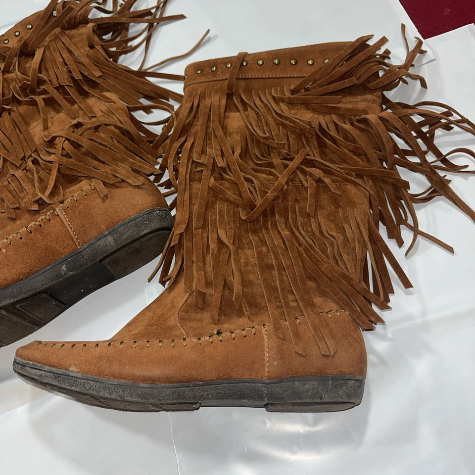 Rampage MARRÓN Gamuza ALTO Largo BOTAS CON FLECOS Cantrell Mocasín Festival Mujer 7M Foto 2 de 4