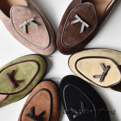British Retro Womens Flats Loafers Casual Round Toe Real Suede Shoes Slip on Bow - Picture 6 of 30