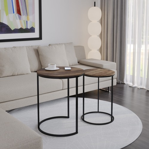 2Pc Round Nesting Stackable Sofa Side Bedside End Table Set Wood Top Metal Legs - Picture 2 of 70