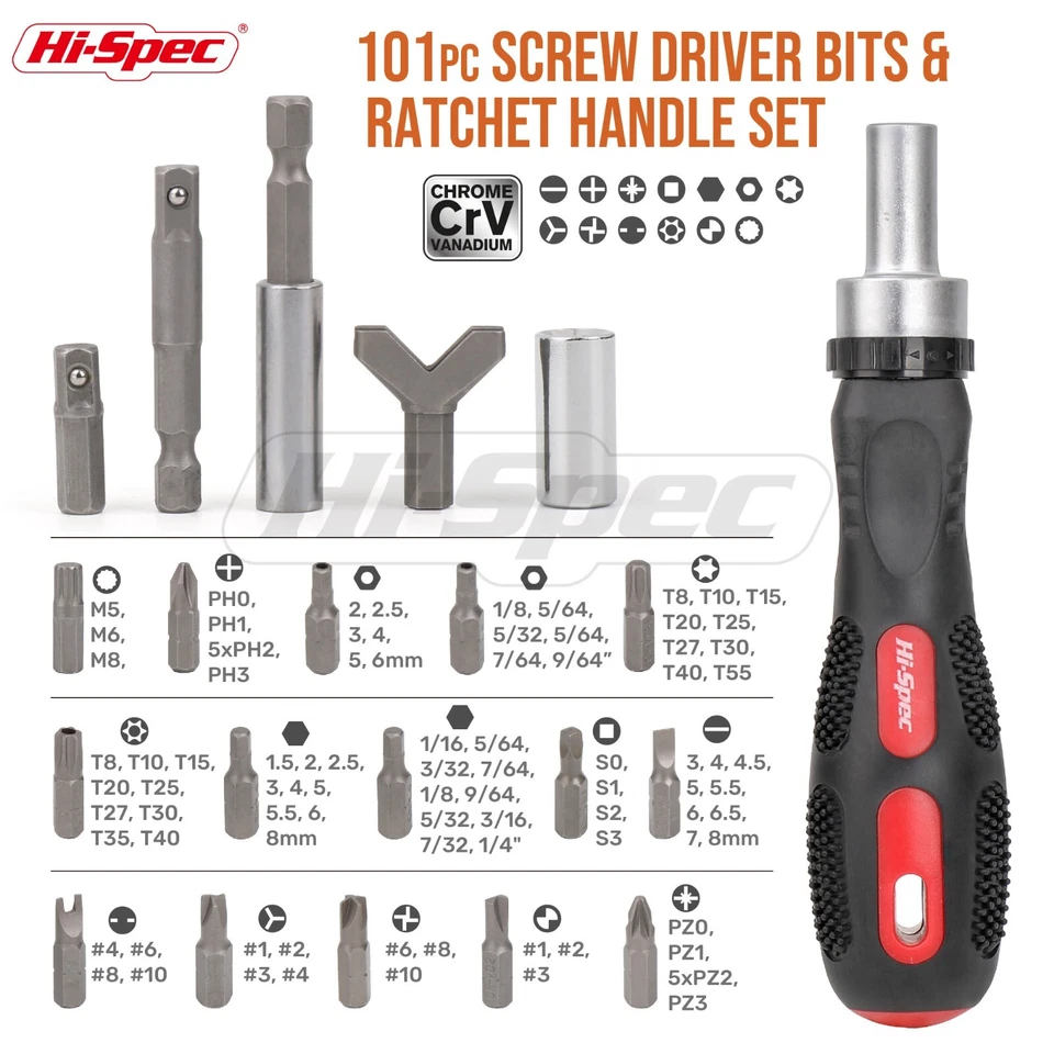 Hi-Spec 101 Piece Multi Bit Screwdriver & Ratchet Set – 1/4in Hex Bits in Case - Image 2 of 4