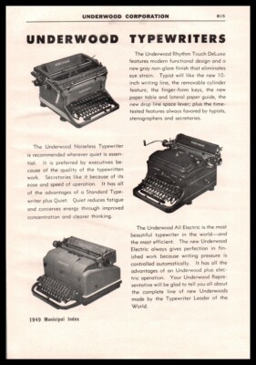 1949 Underwood Typewriters Noiseless All Electric  Vintage trade print ad