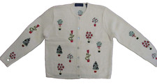 VTG Karen Scott Pure Wool Winter White Embroidered Christmas Cardigan Sweater L