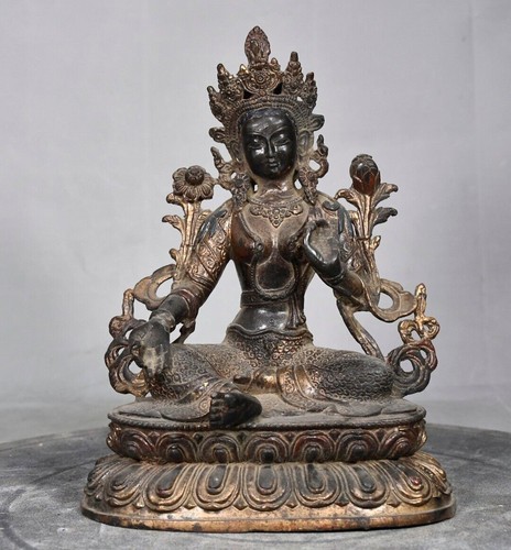 Statue Bodhisattva Tara 8" Chine ancien temple bouddhisme tibétain bronze doré vert - Photo 8/9
