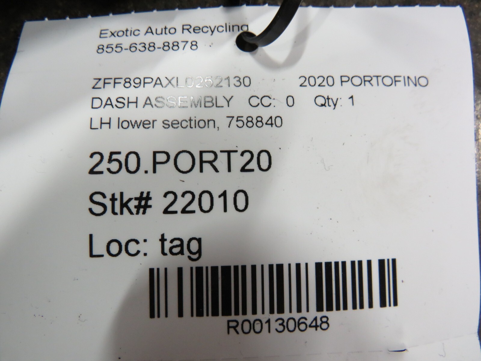 Ferrari Portofino, LH, Left, Dash Panel, Lower Section, Used, P/N 758840