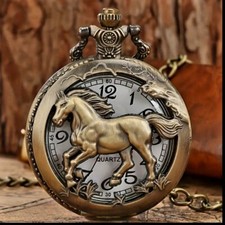 Fashion Horse Carved Quartz Pocket Watch Vintage Necklace Pendant Gift Bronze