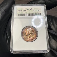 MS65 1949 25C Washington Silver Quarter, ANACS Soapbox- Pretty Rainbow Toned
