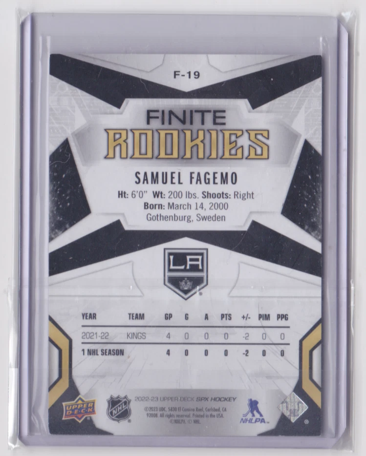 2022-23 UD SPX FINITE ROOKIES GOLD PARALLEL 6/299 SAMUEL FAGEMO #F-19 L.A. KINGS - Image 2 of 2