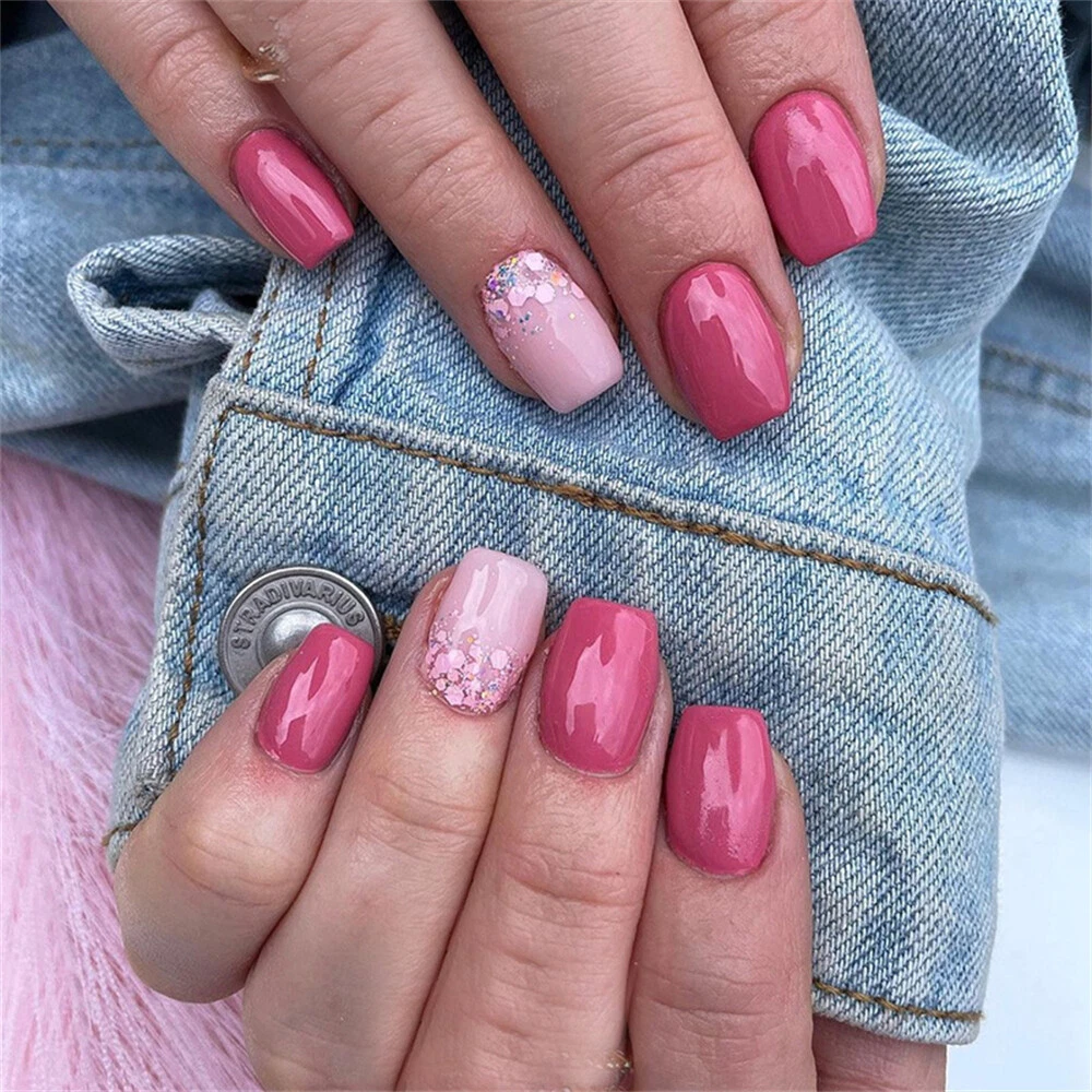 Square Short False Nail Glitter Pink Summer Press on Nails for Nail Art 24pcs