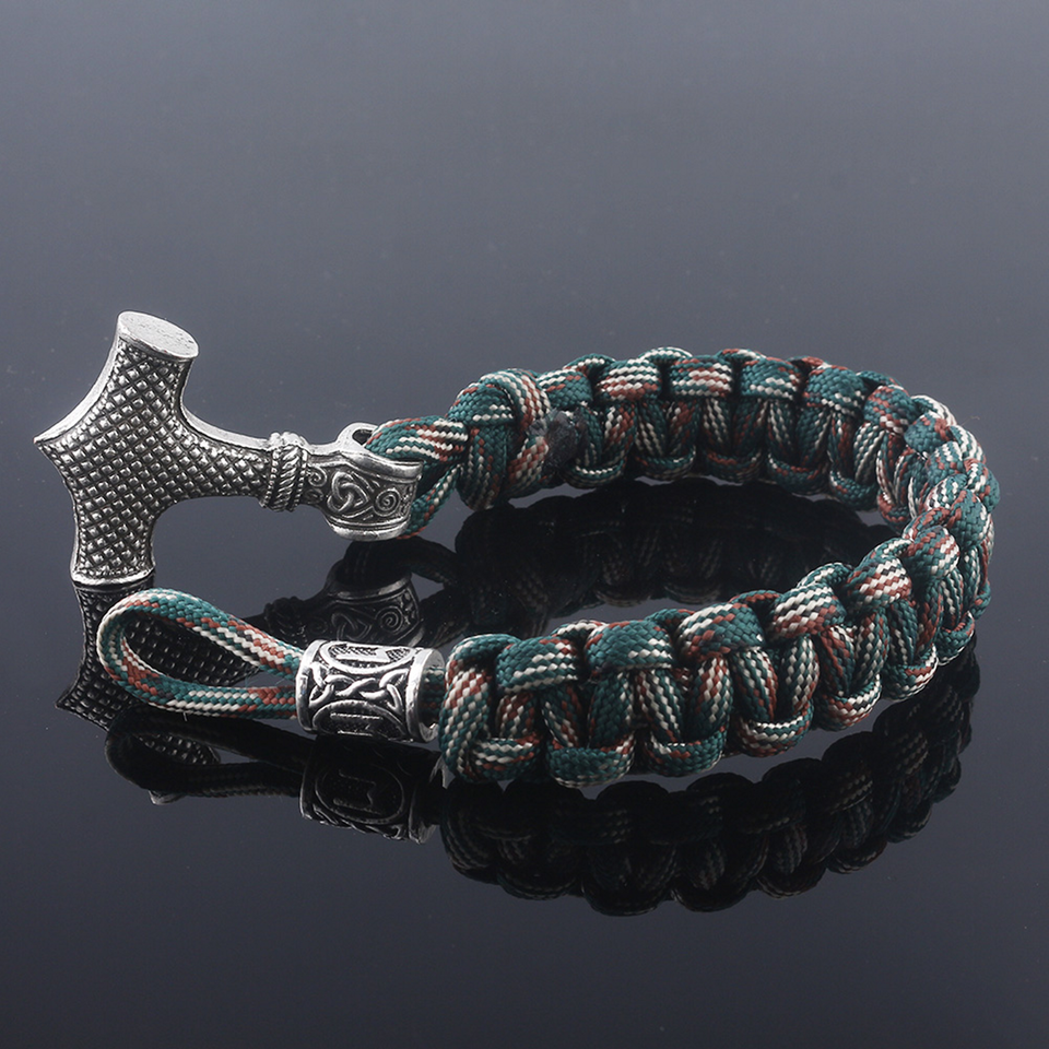 TTKP Norse Viking Thor Mjolnir Hammer Paracord Bracelet – Celtic Rune Knot Amulet In Green & Wood
