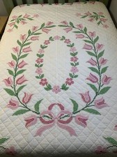 Vintage Embroidery Quilt 79x92 Flowers Tulip Cross Stitch Hand Quilted Pink