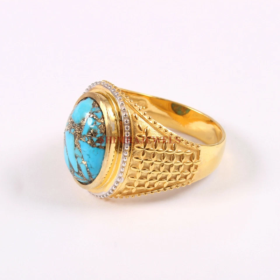 Lab Created Copper Turquoise With 18K Gold Plated Silver Ring For Men's #1585 - Image 3 of 4