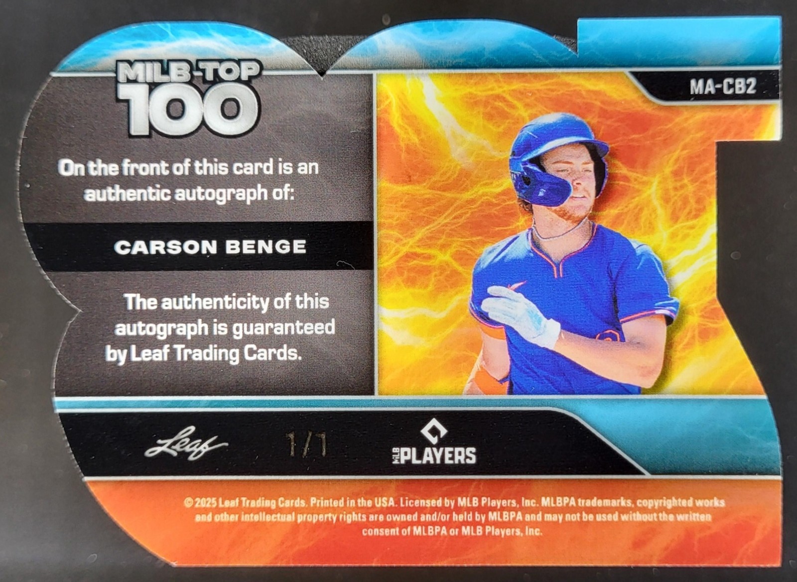 2025 Leaf Baseball Nation Carson Benge MiLB top 100 Auto Gold 1/1 MH3 view 2