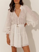 KIVARI Palmera Embroidered Palm Long Sleeve Mini Dress - White / AU8