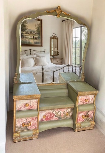 Stunning sage green vanity desk with large mirror